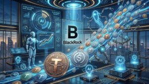 Ilustración 3D de robótica de IA procesando monedas físicas de stablecoins USDT y USDC con pantalla de BlackRock.