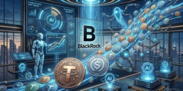Ilustración 3D de robótica de IA procesando monedas físicas de stablecoins USDT y USDC con pantalla de BlackRock.