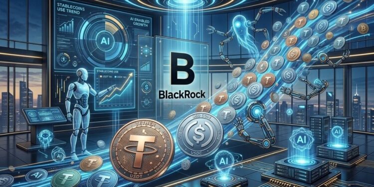 Ilustración 3D de robótica de IA procesando monedas físicas de stablecoins USDT y USDC con pantalla de BlackRock.
