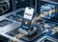 Smartphone con el logo de Block y la app de Bitcoin Lightning procesando pagos para agentes de inteligencia artificial mediante un módulo x402 en un centro de datos.