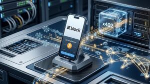 Smartphone con el logo de Block y la app de Bitcoin Lightning procesando pagos para agentes de inteligencia artificial mediante un módulo x402 en un centro de datos.