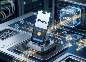 Smartphone con el logo de Block y la app de Bitcoin Lightning procesando pagos para agentes de inteligencia artificial mediante un módulo x402 en un centro de datos.