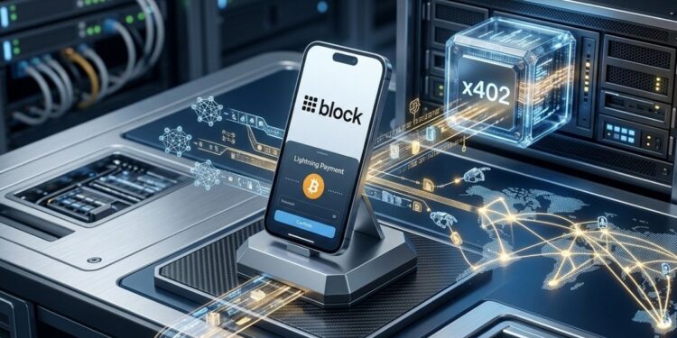 Smartphone con el logo de Block y la app de Bitcoin Lightning procesando pagos para agentes de inteligencia artificial mediante un módulo x402 en un centro de datos.