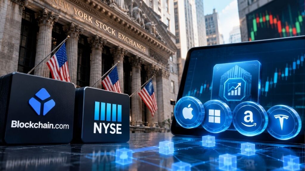 Edificio de la Bolsa de Nueva York con logotipos de Blockchain.com, NYSE y fichas de empresas tecnológicas como Apple, Microsoft, Amazon y Tesla en una pantalla digital.