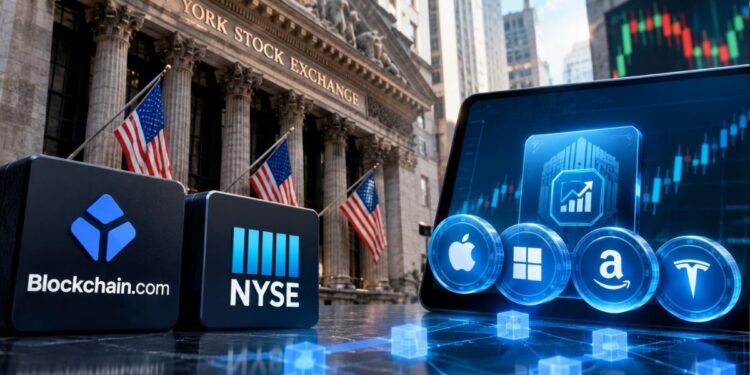 Edificio de la Bolsa de Nueva York con logotipos de Blockchain.com, NYSE y fichas de empresas tecnológicas como Apple, Microsoft, Amazon y Tesla en una pantalla digital.