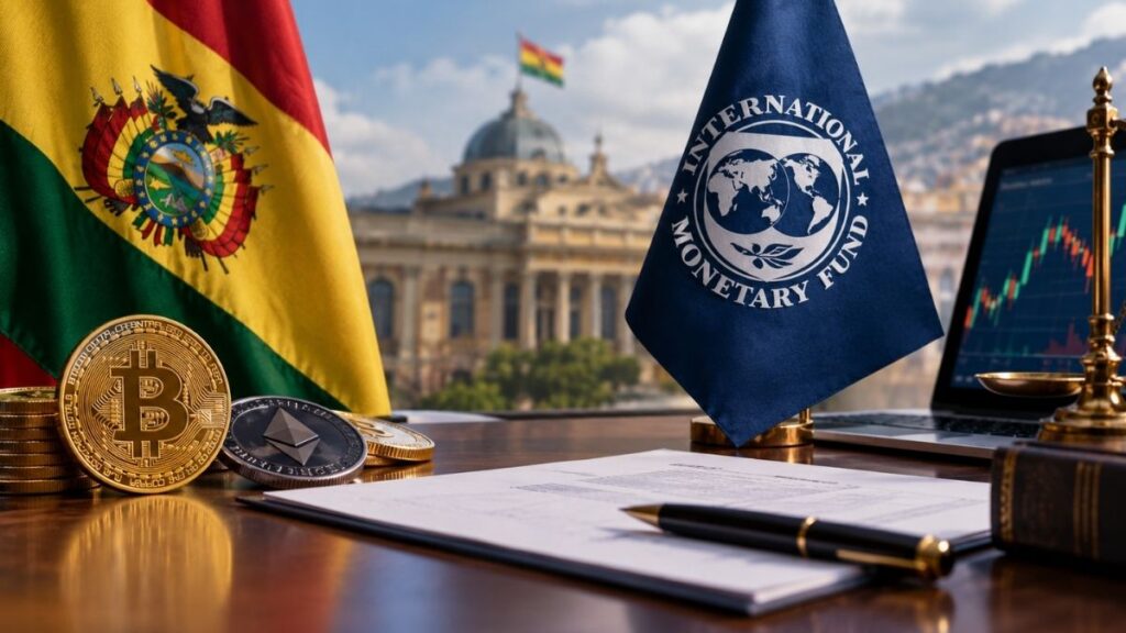 Banderas de Bolivia y el FMI con criptomonedas y documento en escritorio.