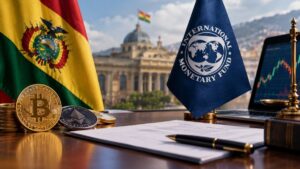 Banderas de Bolivia y el FMI con criptomonedas y documento en escritorio.