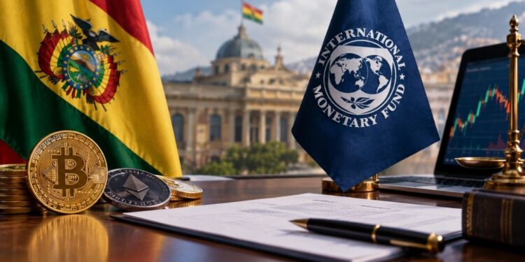 Banderas de Bolivia y el FMI con criptomonedas y documento en escritorio.