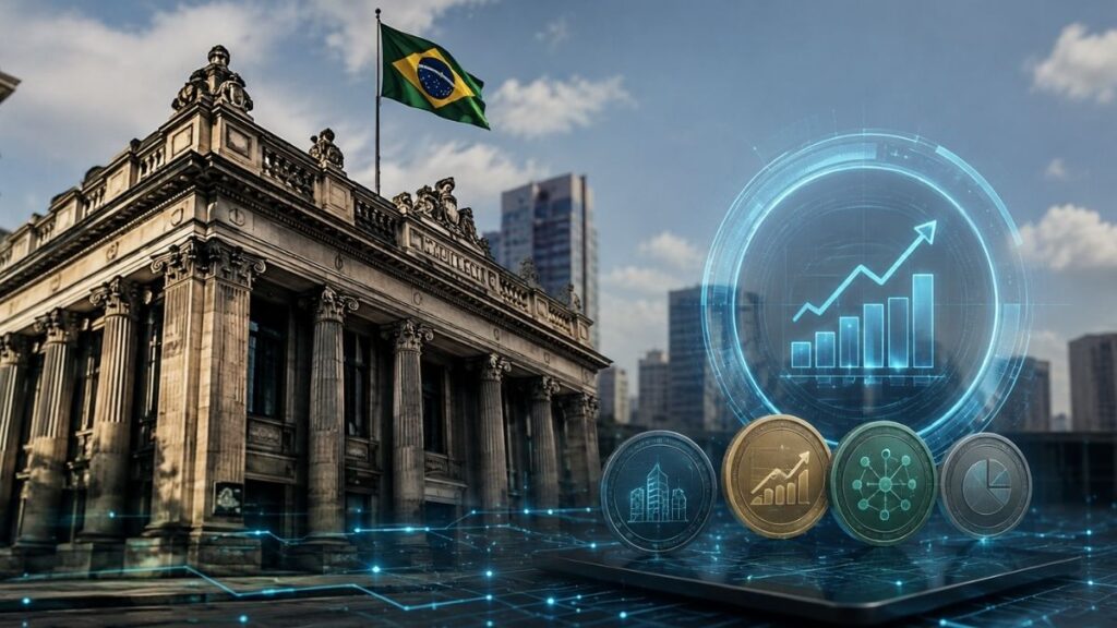 Edificio neoclásico de la Bolsa de Valores de Brasil con la bandera nacional, junto a un gráfico digital de crecimiento y tokens cripto en primer plano.