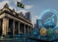 Edificio neoclásico de la Bolsa de Valores de Brasil con la bandera nacional, junto a un gráfico digital de crecimiento y tokens cripto en primer plano.
