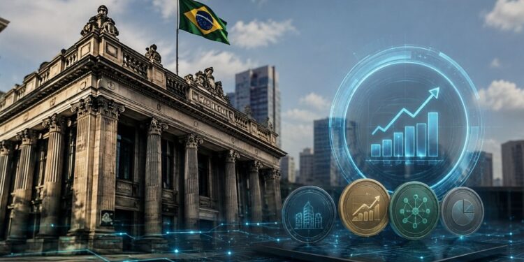Edificio neoclásico de la Bolsa de Valores de Brasil con la bandera nacional, junto a un gráfico digital de crecimiento y tokens cripto en primer plano.
