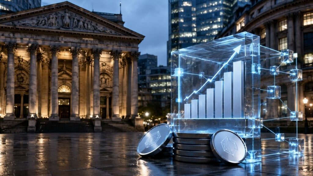 Gráfico de barras digital ascendente y criptomonedas frente a edificio de bolsa clásico de Londres por la noche.