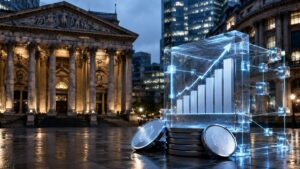 Gráfico de barras digital ascendente y criptomonedas frente a edificio de bolsa clásico de Londres por la noche.