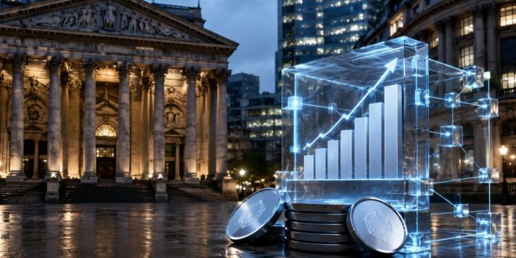 Gráfico de barras digital ascendente y criptomonedas frente a edificio de bolsa clásico de Londres por la noche.