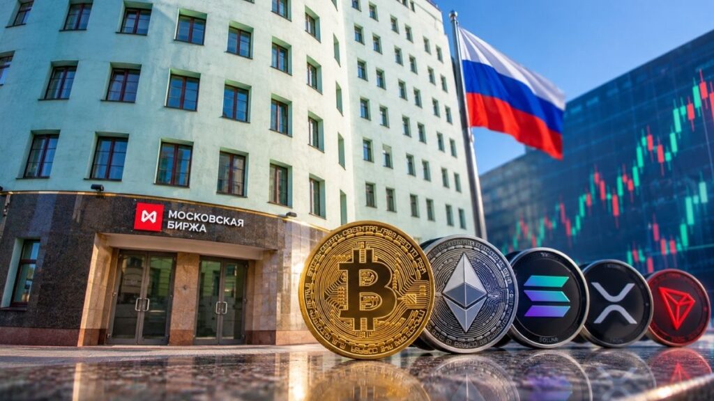 Monedas de bitcoin y criptomonedas frente al edificio de la Bolsa de Moscú.