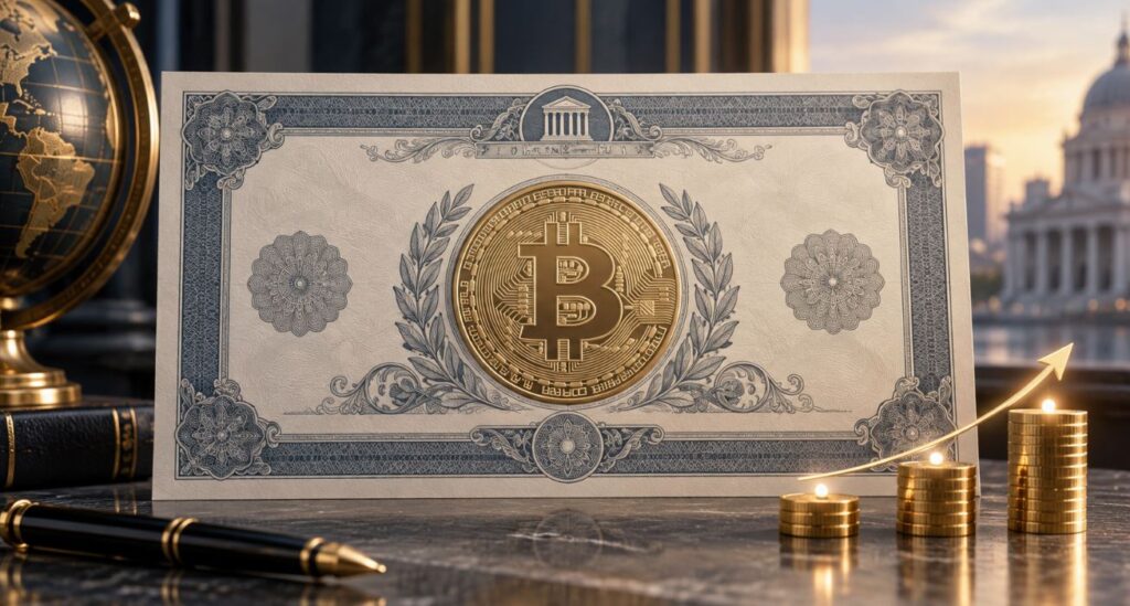 Un titulo de bono que tiene una moneda física de bitcoin en el centro.
