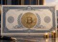 Un titulo de bono que tiene una moneda física de bitcoin en el centro.