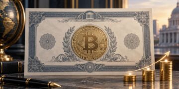 Un titulo de bono que tiene una moneda física de bitcoin en el centro.