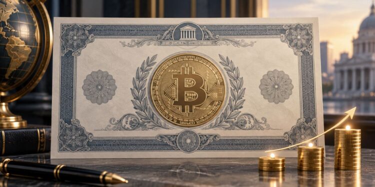 Un titulo de bono que tiene una moneda física de bitcoin en el centro.