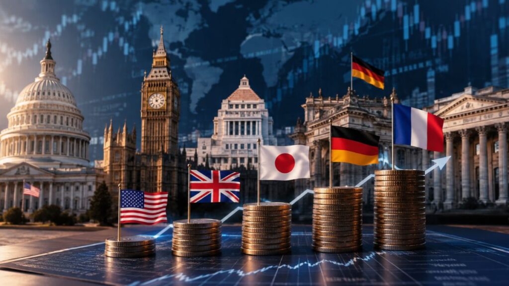 Pilas de monedas con banderas internacionales frente a edificios gubernamentales globales y un gráfico financiero en ascenso.