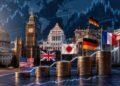 Pilas de monedas con banderas internacionales frente a edificios gubernamentales globales y un gráfico financiero en ascenso.