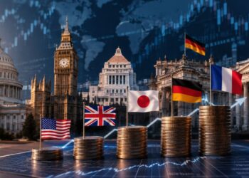 Pilas de monedas con banderas internacionales frente a edificios gubernamentales globales y un gráfico financiero en ascenso.