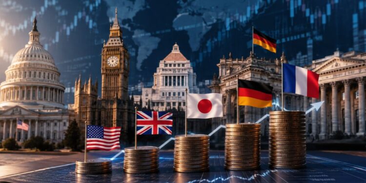 Pilas de monedas con banderas internacionales frente a edificios gubernamentales globales y un gráfico financiero en ascenso.