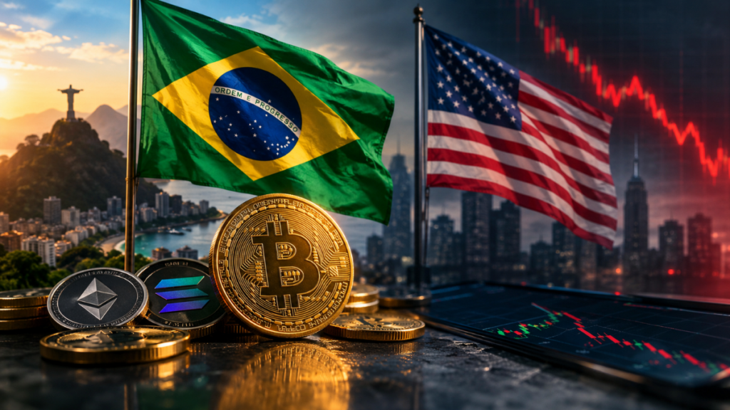 Monedas de Bitcoin, Ethereum y Solana frente a las banderas de Brasil y Estados Unidos con una gráfica de mercado en caída.