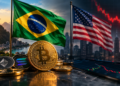 Monedas de Bitcoin, Ethereum y Solana frente a las banderas de Brasil y Estados Unidos con una gráfica de mercado en caída.