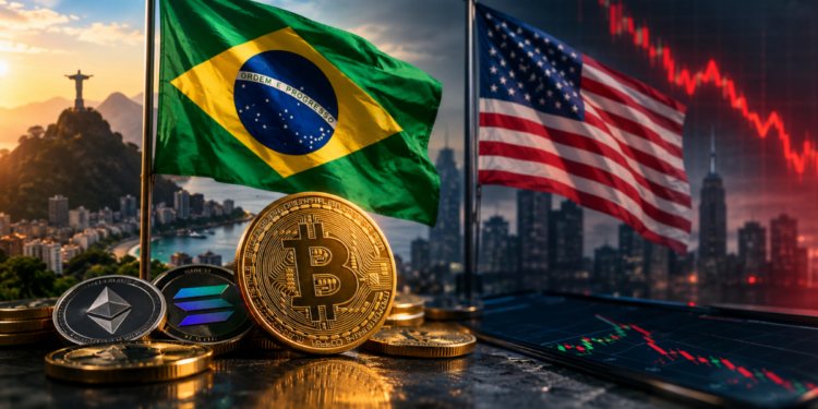 Monedas de Bitcoin, Ethereum y Solana frente a las banderas de Brasil y Estados Unidos con una gráfica de mercado en caída.