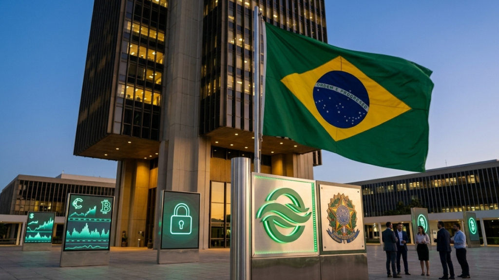 Fachada del Banco Central de Brasil con la bandera nacional y pantallas digitales.