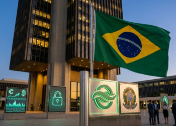 Fachada del Banco Central de Brasil con la bandera nacional y pantallas digitales.