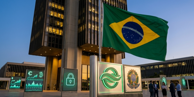 Fachada del Banco Central de Brasil con la bandera nacional y pantallas digitales.