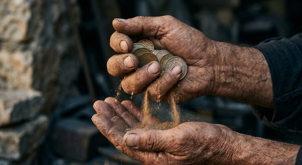 Primer plano de unas manos trabajadoras —de alguien mayor, o con marcas de oficio— sosteniendo o guardando unas monedas, mientras estas parecen desvanecerse o erosionarse en polvo entre los dedos. Luz cálida y humana sobre las manos, fondo neutro y frío. Contrasta el trabajo guardado (tiempo humano) con la dilución silenciosa. Paleta cálida en el sujeto, fría en el entorno, subrayando el axioma del "trabajo guardado".