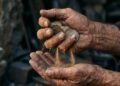 Primer plano de unas manos trabajadoras —de alguien mayor, o con marcas de oficio— sosteniendo o guardando unas monedas, mientras estas parecen desvanecerse o erosionarse en polvo entre los dedos. Luz cálida y humana sobre las manos, fondo neutro y frío. Contrasta el trabajo guardado (tiempo humano) con la dilución silenciosa. Paleta cálida en el sujeto, fría en el entorno, subrayando el axioma del "trabajo guardado".