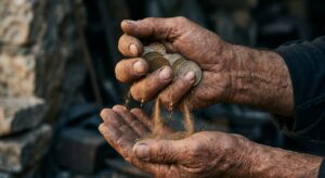 Primer plano de unas manos trabajadoras —de alguien mayor, o con marcas de oficio— sosteniendo o guardando unas monedas, mientras estas parecen desvanecerse o erosionarse en polvo entre los dedos. Luz cálida y humana sobre las manos, fondo neutro y frío. Contrasta el trabajo guardado (tiempo humano) con la dilución silenciosa. Paleta cálida en el sujeto, fría en el entorno, subrayando el axioma del "trabajo guardado".