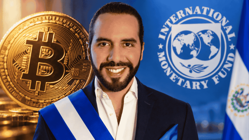 moneda de bitcoin, nayib bukele y logo del fmi.