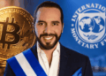 moneda de bitcoin, nayib bukele y logo del fmi.