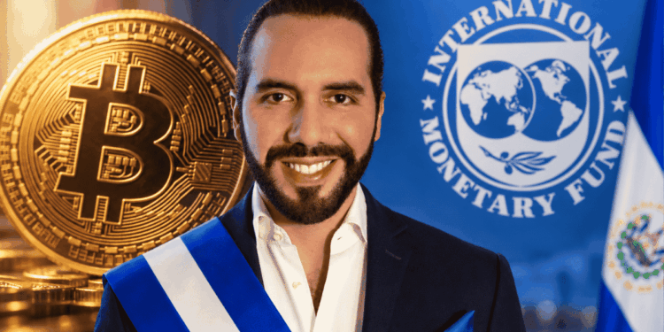 moneda de bitcoin, nayib bukele y logo del fmi.