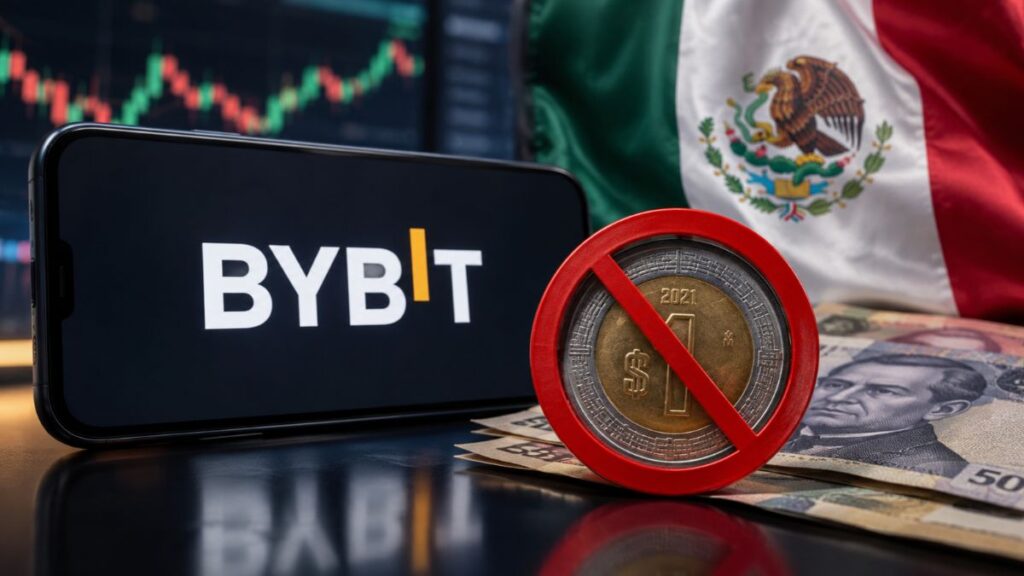 Teléfono mostrando el logo de Bybit con una moneda mexicana prohibida.