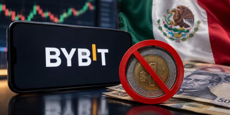 Teléfono mostrando el logo de Bybit con una moneda mexicana prohibida.