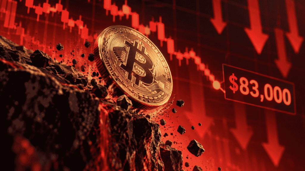 Gráfico rojo que muestra una moneda de bitcoin cayendo de precio.