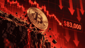 Gráfico rojo que muestra una moneda de bitcoin cayendo de precio.