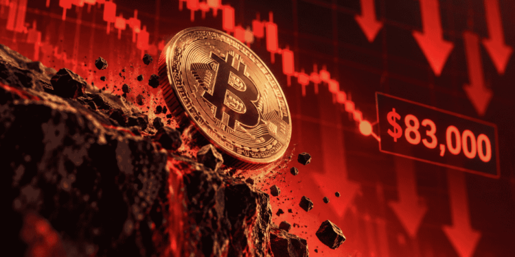 Gráfico rojo que muestra una moneda de bitcoin cayendo de precio.