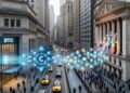 Ilustración digital de Wall Street con una red blockchain azul que conecta un edificio corporativo con la Bolsa de Nueva York, simbolizando la tokenización de DTCC y Canton Network.