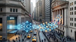 Ilustración digital de Wall Street con una red blockchain azul que conecta un edificio corporativo con la Bolsa de Nueva York, simbolizando la tokenización de DTCC y Canton Network.