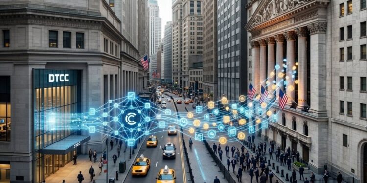 Ilustración digital de Wall Street con una red blockchain azul que conecta un edificio corporativo con la Bolsa de Nueva York, simbolizando la tokenización de DTCC y Canton Network.