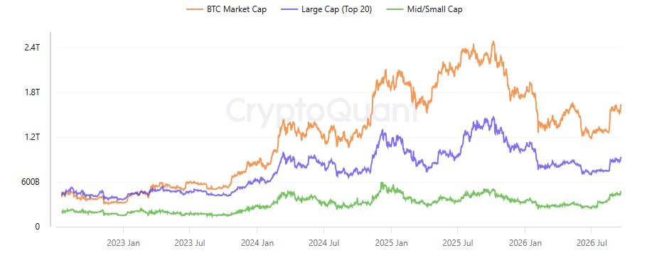 Gráfico que muestra la capitalización de mercado de bitcoin y las altcoins.