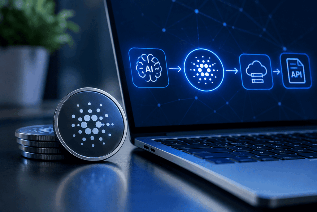Monedas de Cardano junto a una laptop con conexión entre IA, blockchain y servicios digitales.