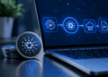 Monedas de Cardano junto a una laptop con conexión entre IA, blockchain y servicios digitales.
